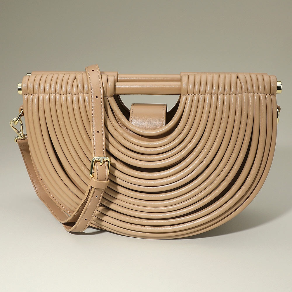 Tan Vegan Leather Half Moon Structured Handbag Crossbody Bag